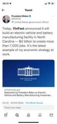 Tổng thống Mỹ Joe Biden chúc mừng VinFast xây nhà máy 4 tỷ USD tại Mỹ  - Ảnh 1.